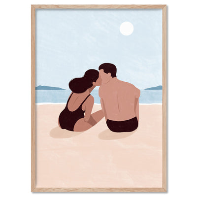 Beach Kiss Illustration - Art Print by Maja Tomljanovic, Poster, Stretched Canvas, or Framed Wall Art Print, shown in a natural timber frame