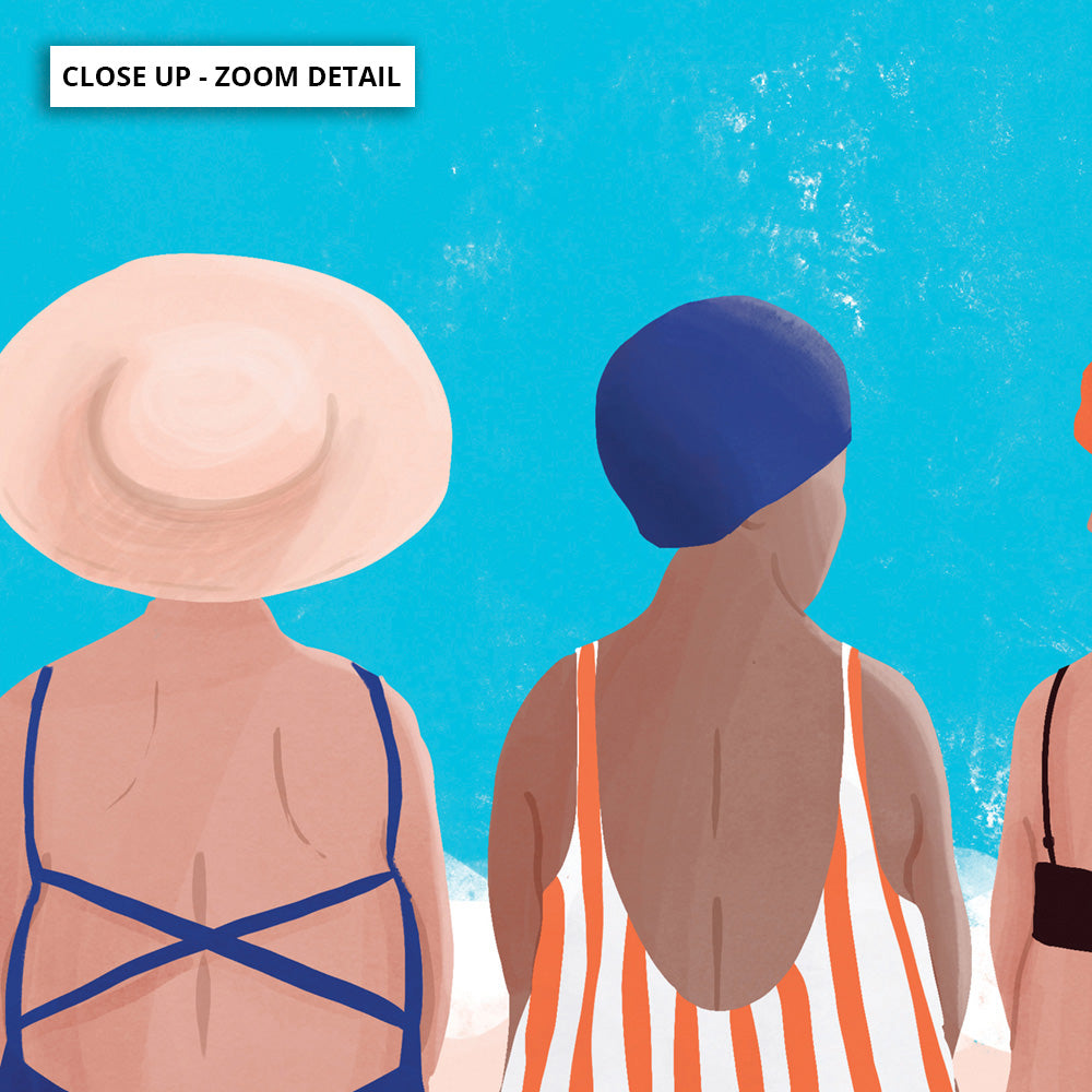 Bondi Beach Gang Illustration - Art Print by Maja Tomljanovic, Poster, Stretched Canvas or Framed Wall Art, Close up View of Print Resolution