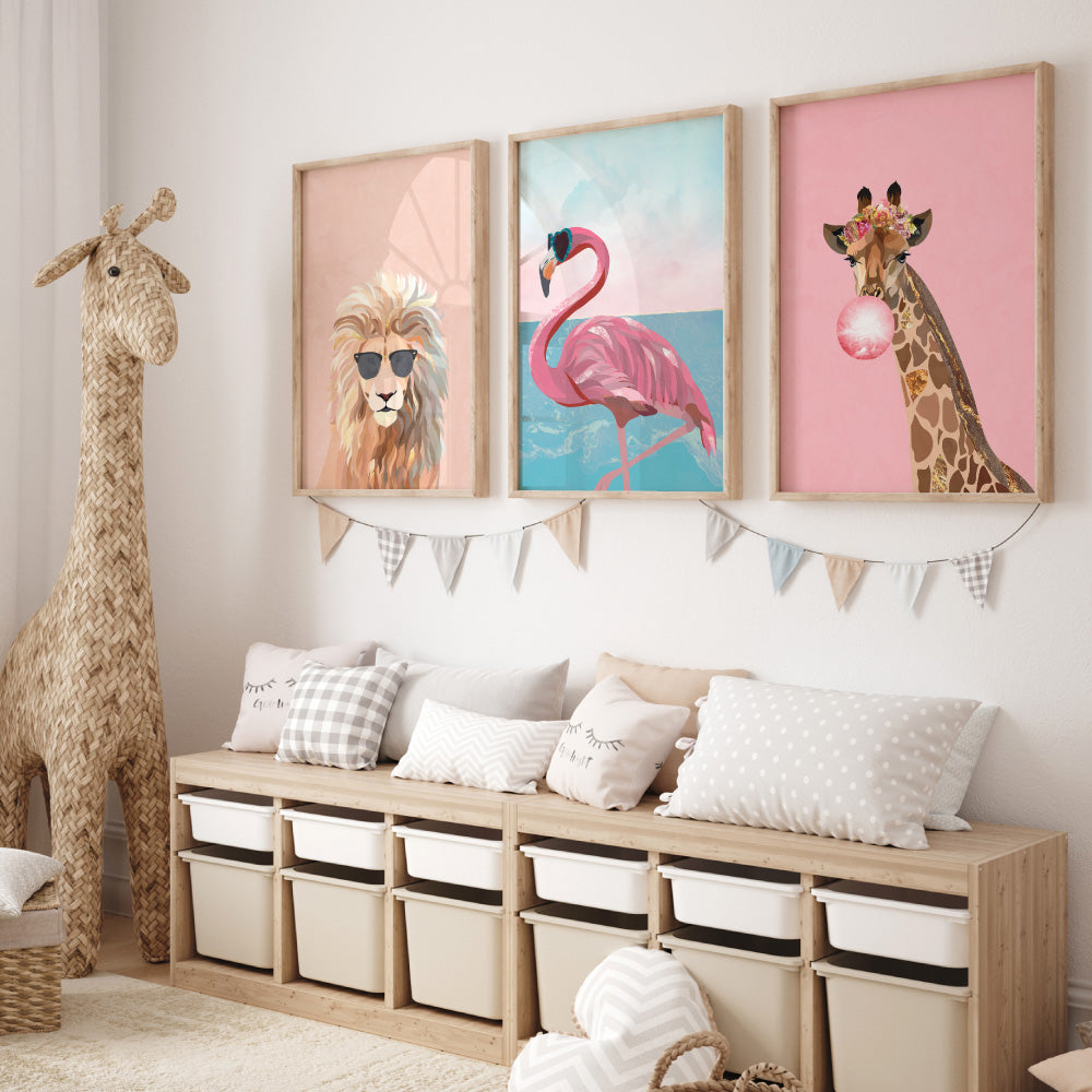 Flamingo Pop - Art Print, Poster, Stretched Canvas or Framed Wall Art, shown framed in a home interior space