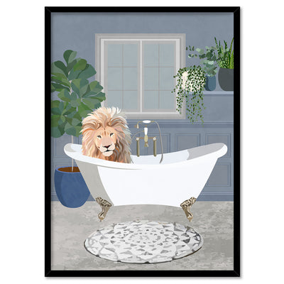 Lion in the Tub - Art Print, Poster, Stretched Canvas, or Framed Wall Art Print, shown in a black frame