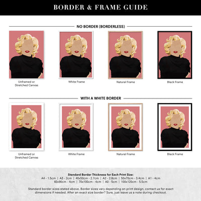 Marilyn Pop - Art Print, Poster, Stretched Canvas or Framed Wall Art, Showing White , Black, Natural Frame Colours, No Frame (Unframed) or Stretched Canvas, and With or Without White Borders