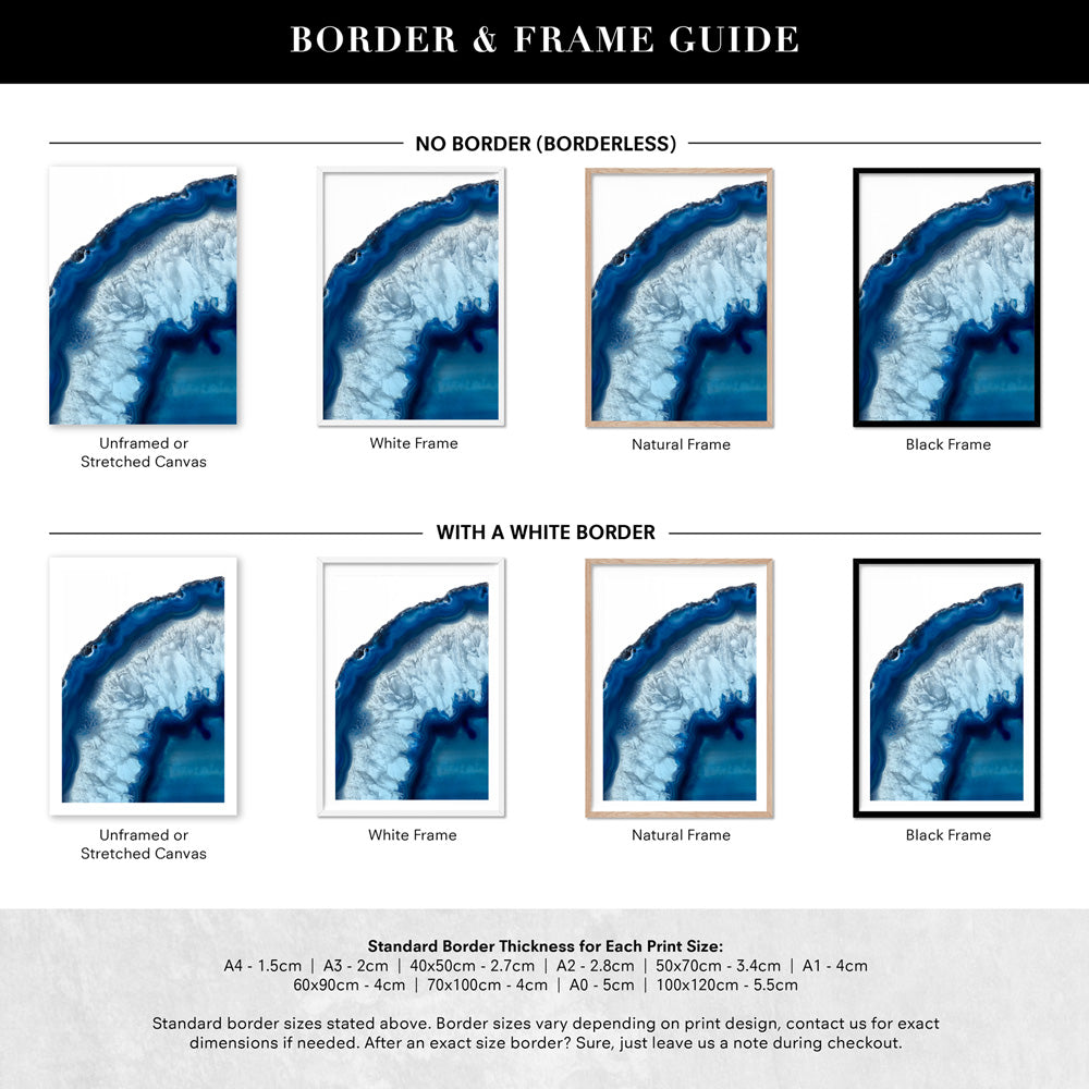 Agate Slice Geode Blues I - Art Print, Poster, Stretched Canvas or Framed Wall Art, Showing White , Black, Natural Frame Colours, No Frame (Unframed) or Stretched Canvas, and With or Without White Borders