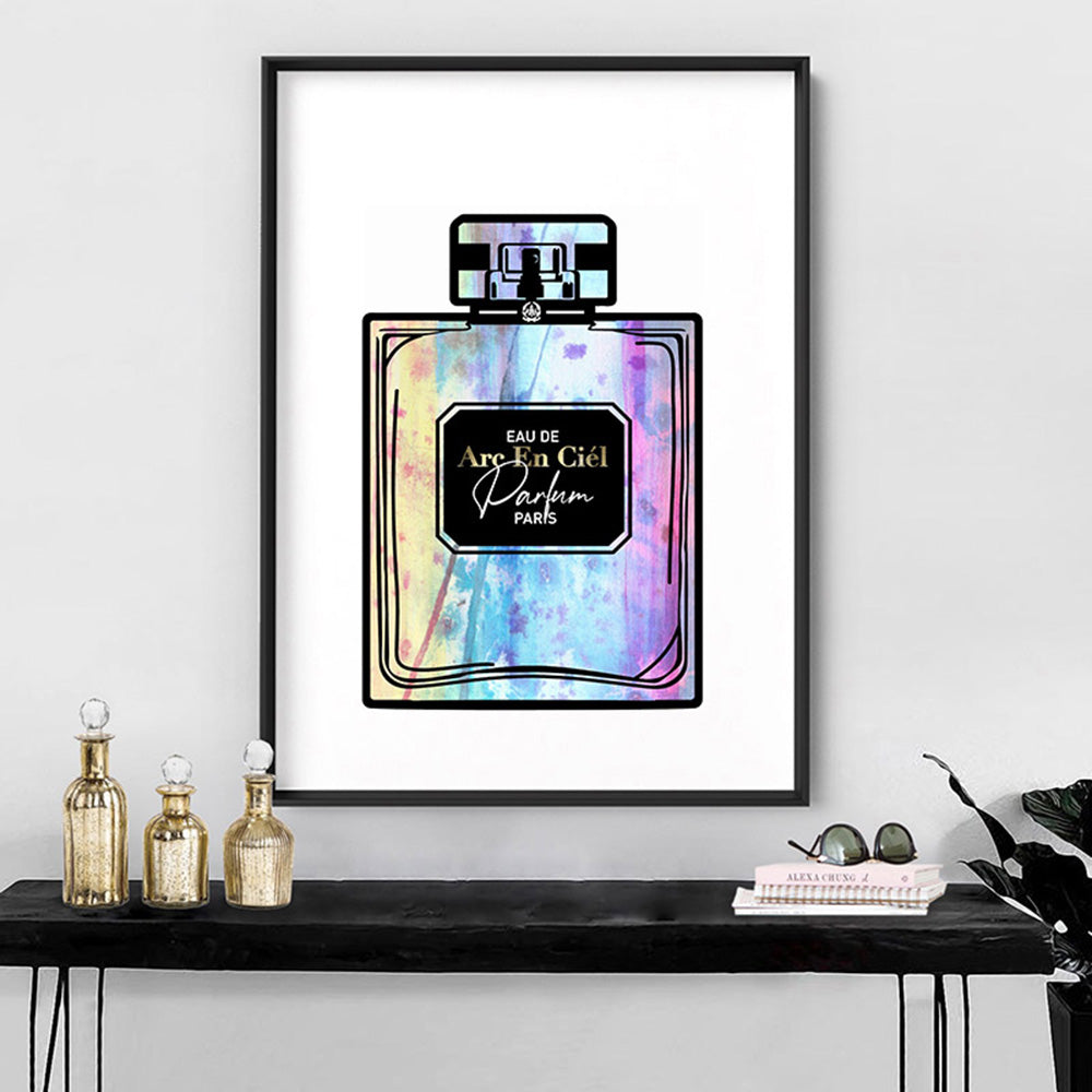 Watercolour Perfume Bottle in Rainbow - Art Print, Poster, Stretched Canvas or Framed Wall Art Prints, shown framed in a room