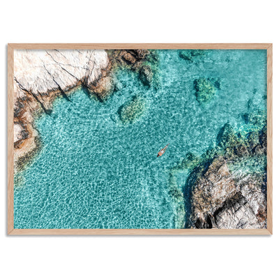 Turquoise Holiday Swim - Art Print, Poster, Stretched Canvas, or Framed Wall Art Print, shown in a natural timber frame