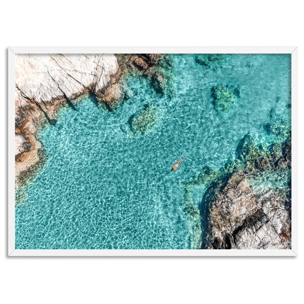 Turquoise Holiday Swim - Art Print, Poster, Stretched Canvas, or Framed Wall Art Print, shown in a white frame