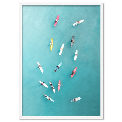 Aerial Ocean Surfers II - Art Print, Poster, Stretched Canvas, or Framed Wall Art Print, shown in a white frame