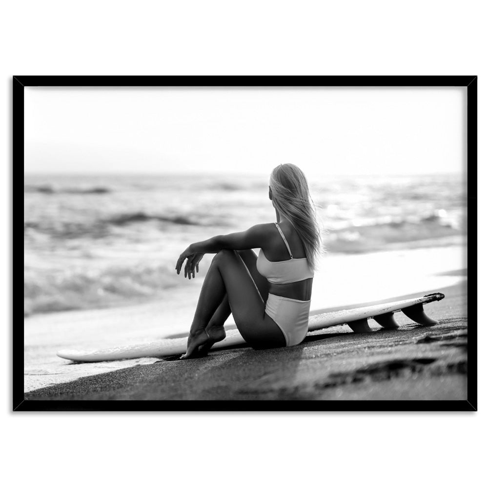 Seaside Surfer Landscape B&W - Art Print, Poster, Stretched Canvas, or Framed Wall Art Print, shown in a black frame