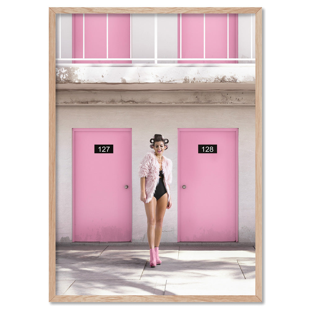 Palm Springs | Pink Motel - Art Print, Poster, Stretched Canvas, or Framed Wall Art Print, shown in a natural timber frame