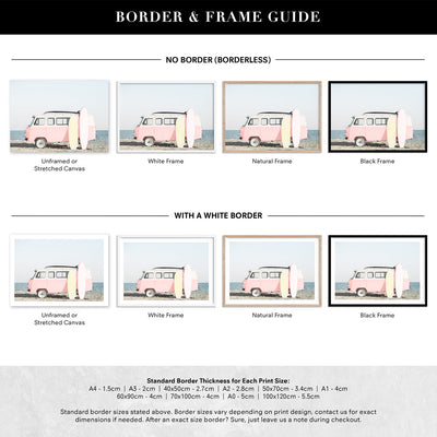 Pastel Beach Kombi Van Print - Art Print, Poster, Stretched Canvas or Framed Wall Art, Showing White , Black, Natural Frame Colours, No Frame (Unframed) or Stretched Canvas, and With or Without White Borders