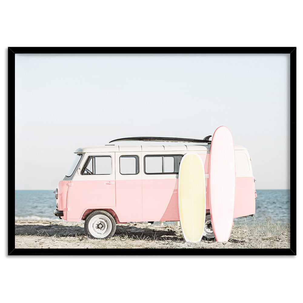 Pastel Beach Kombi Van Print - Art Print, Poster, Stretched Canvas, or Framed Wall Art Print, shown in a black frame