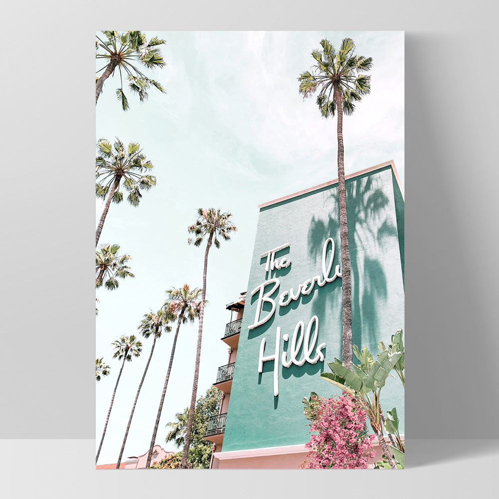 The Beverly Hills Hotel - Art Print, Poster, Stretched Canvas, or Framed Wall Art Print, shown as a stretched canvas or poster without a frame