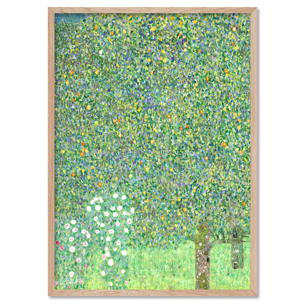 GUSTAV KLIMT | Rosebushes under the Trees - Art Print, Poster, Stretched Canvas, or Framed Wall Art Print, shown in a natural timber frame