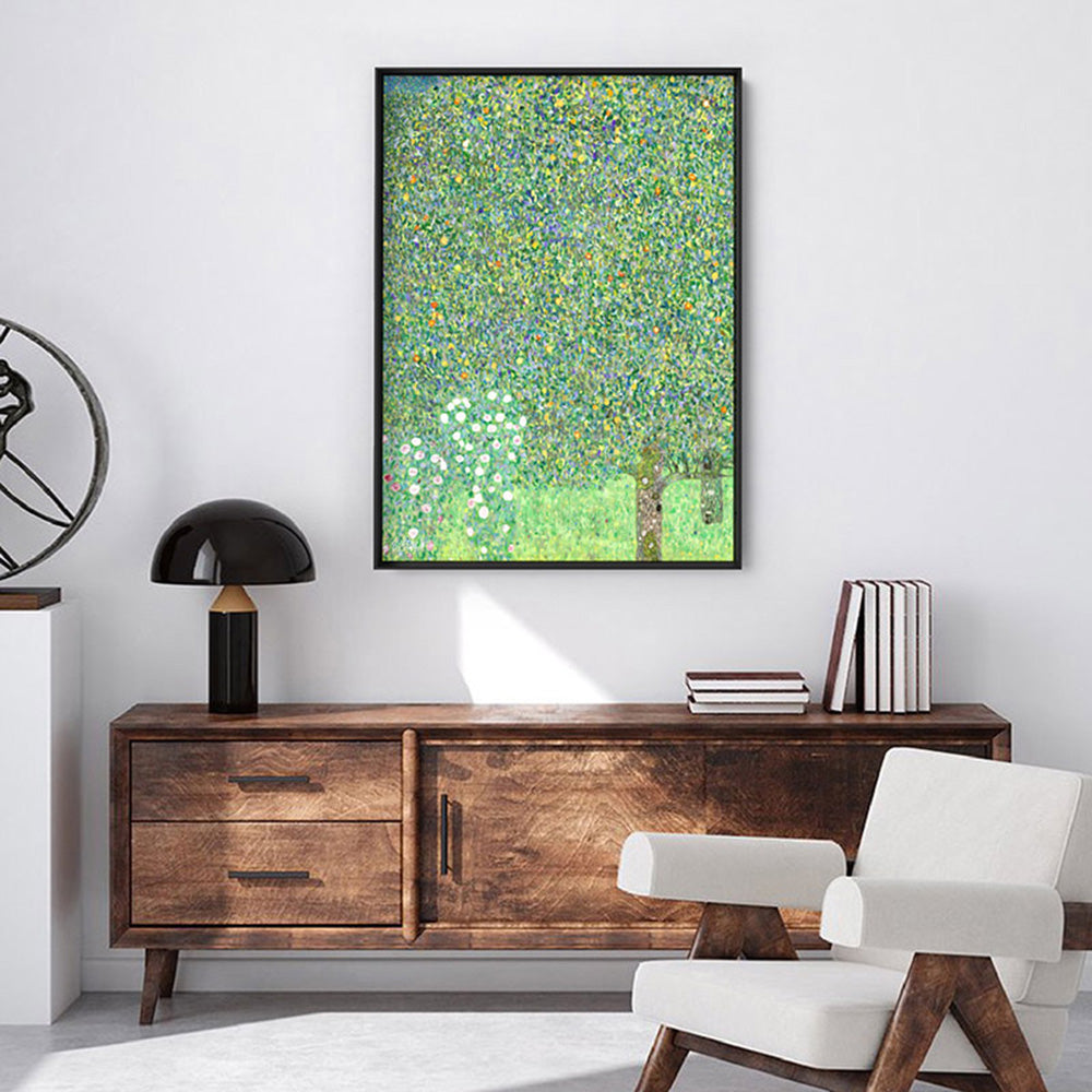 GUSTAV KLIMT | Rosebushes under the Trees - Art Print, Poster, Stretched Canvas or Framed Wall Art Prints, shown framed in a room