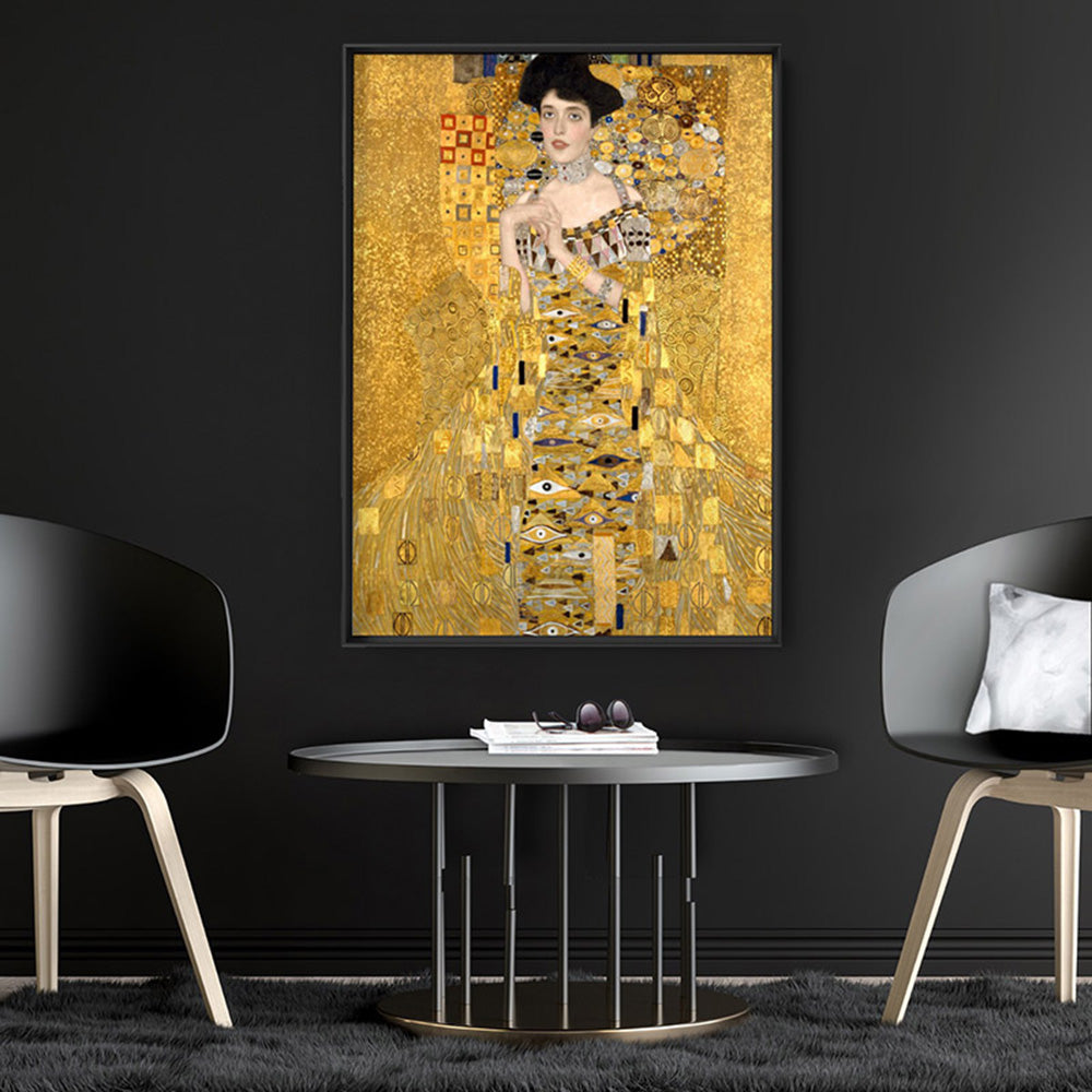 GUSTAV KLIMT | Portrait of Adele Bloch-Bauer I - Art Print, Poster, Stretched Canvas or Framed Wall Art, shown framed in a home interior space