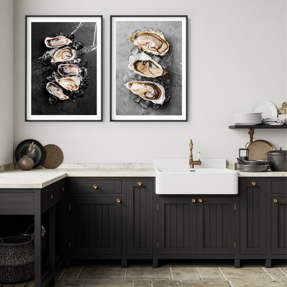 Oysters on Concrete - Art Print, Poster, Stretched Canvas or Framed Wall Art, shown framed in a home interior space