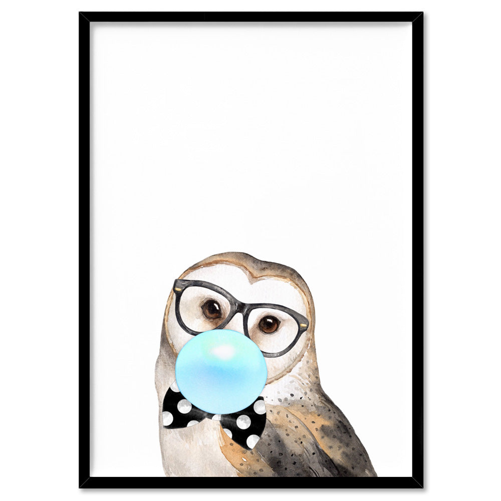 Bubblegum Wise Owl | Blue Bubble - Art Print, Poster, Stretched Canvas, or Framed Wall Art Print, shown in a black frame