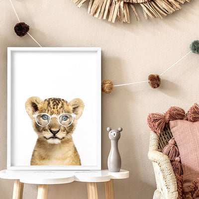 Baby Lion Cub with Sunnies - Art Print, Poster, Stretched Canvas or Framed Wall Art Prints, shown framed in a room