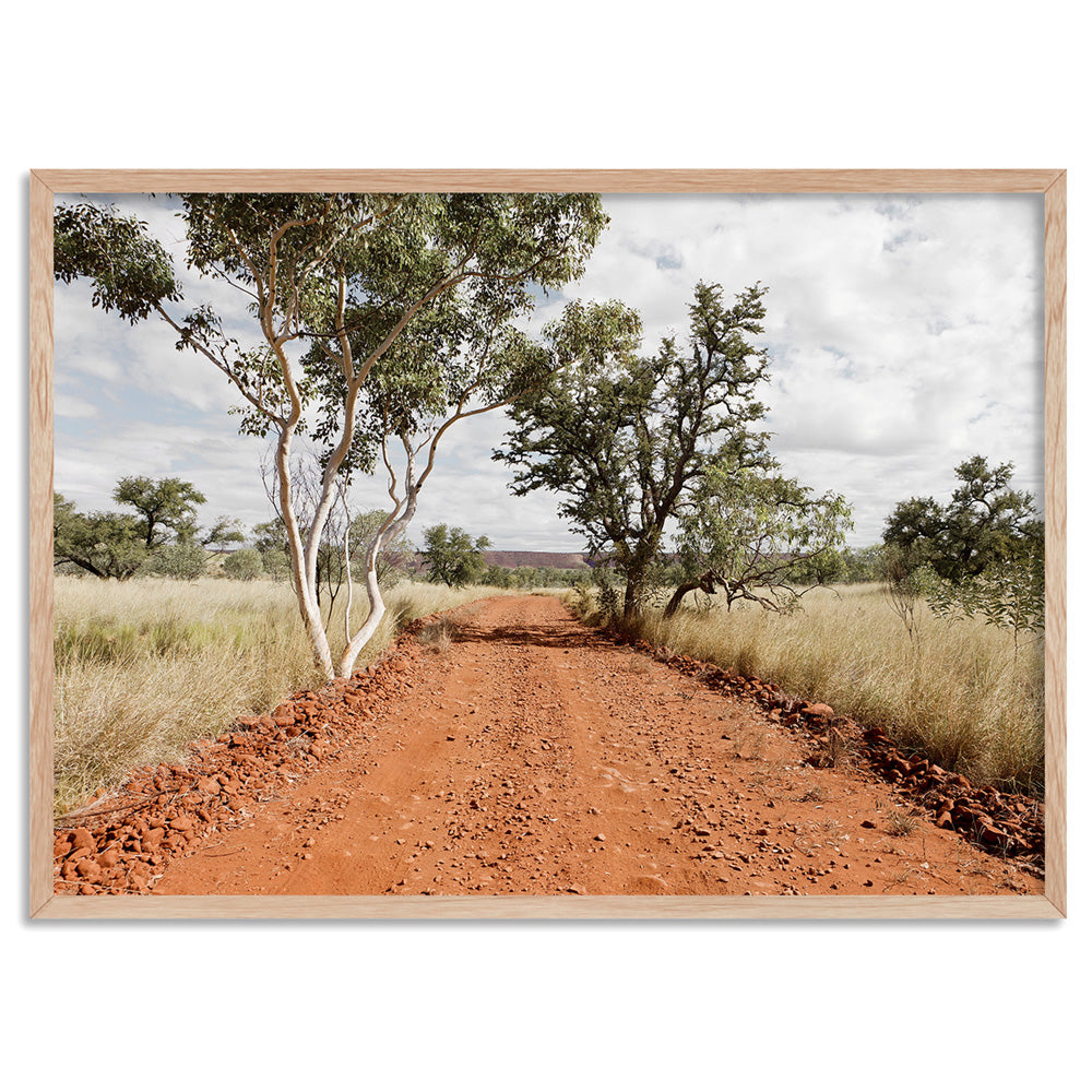 Gumtree Outback Road - Art Print, Poster, Stretched Canvas, or Framed Wall Art Print, shown in a natural timber frame