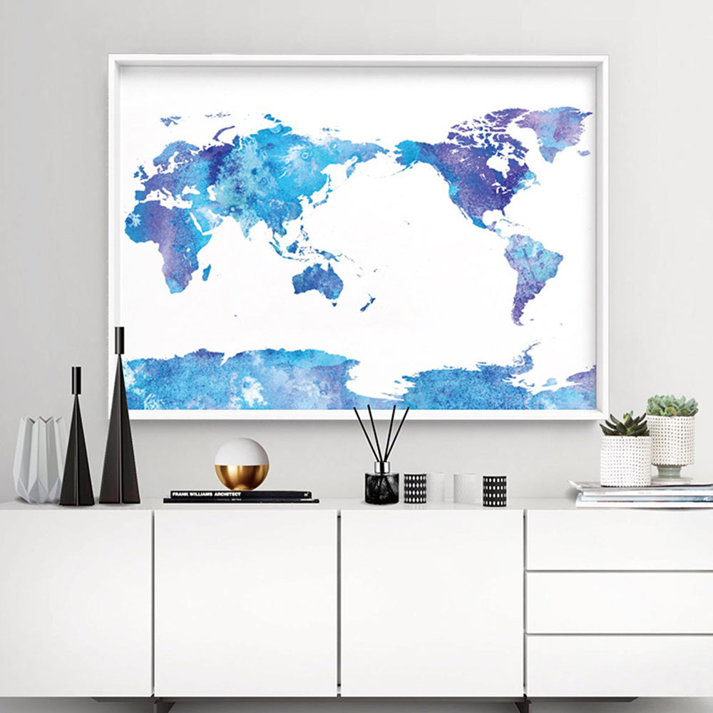 World Map Blue Watercolour - Art Print, Poster, Stretched Canvas or Framed Wall Art Prints, shown framed in a room