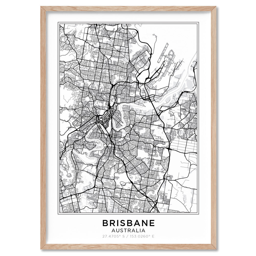 City Map | BRISBANE - Art Print, Poster, Stretched Canvas, or Framed Wall Art Print, shown in a natural timber frame