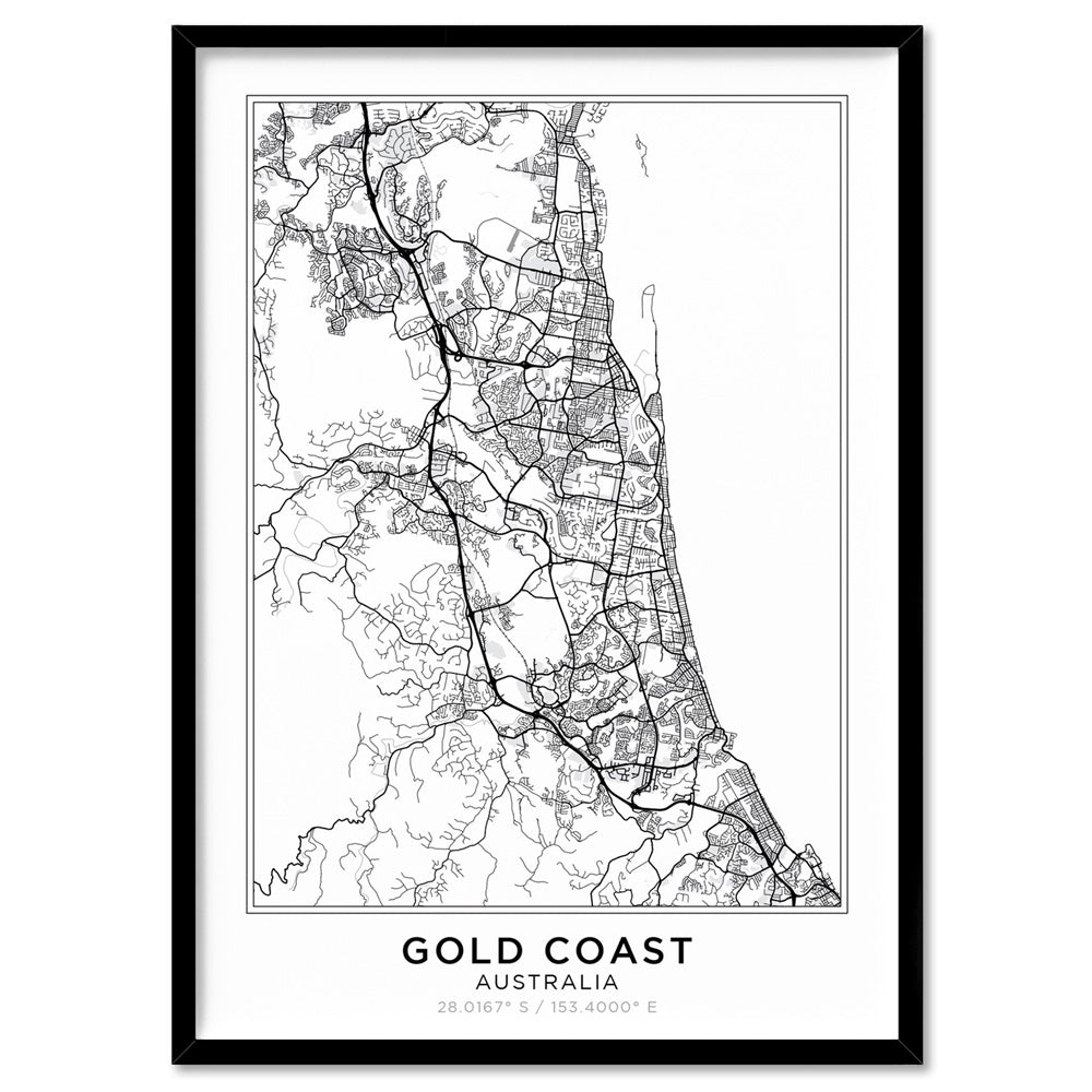 City Map | GOLD COAST - Art Print, Poster, Stretched Canvas, or Framed Wall Art Print, shown in a black frame