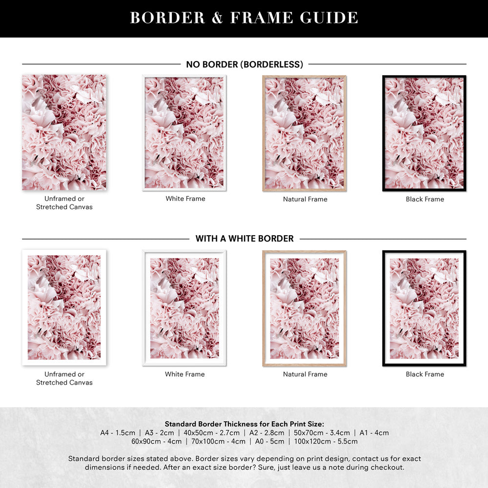 Light Pink Ruffles | Sea of Flowers - Art Print, Poster, Stretched Canvas or Framed Wall Art, Showing White , Black, Natural Frame Colours, No Frame (Unframed) or Stretched Canvas, and With or Without White Borders