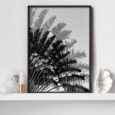 Banana Leaves Palm II | Black & White - Art Print, Poster, Stretched Canvas or Framed Wall Art Prints, shown framed in a room