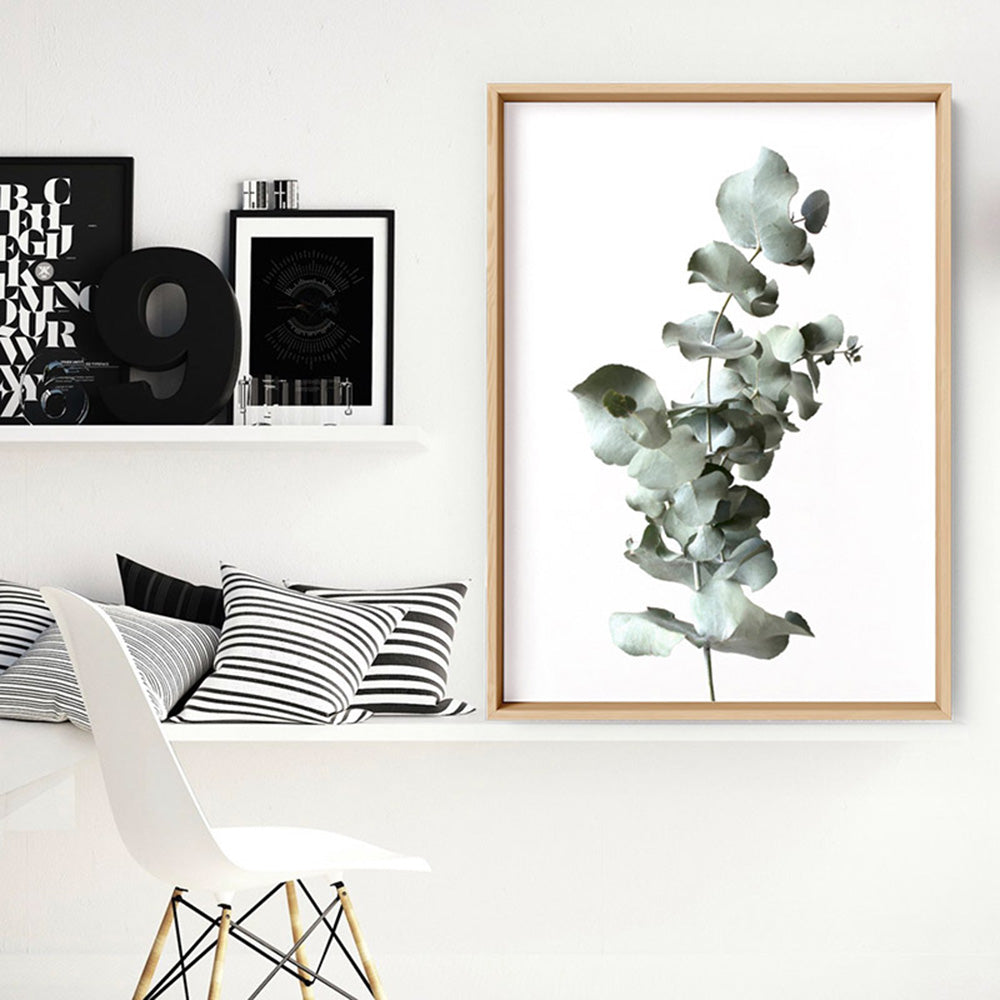Eucalyptus Gum Leaves III  - Art Print, Poster, Stretched Canvas or Framed Wall Art Prints, shown framed in a room