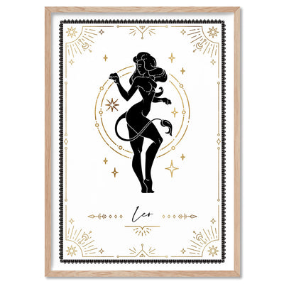 Leo Star Sign | Tarot Card Style (faux look foil) - Art Print, Poster, Stretched Canvas, or Framed Wall Art Print, shown in a natural timber frame