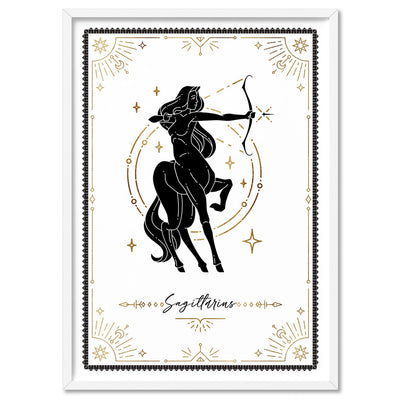 Sagittarius Star Sign | Tarot Card Style (faux look foil) - Art Print, Poster, Stretched Canvas, or Framed Wall Art Print, shown in a white frame