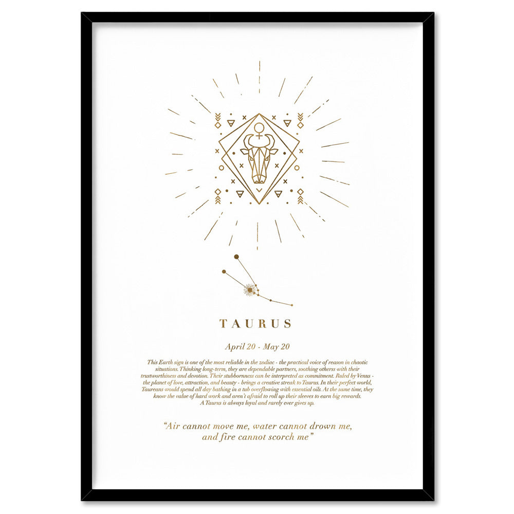 Taurus Star Sign | Celestial Boho (faux look foil) - Art Print, Poster, Stretched Canvas, or Framed Wall Art Print, shown in a black frame