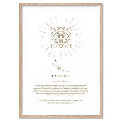 Taurus Star Sign | Celestial Boho (faux look foil) - Art Print, Poster, Stretched Canvas, or Framed Wall Art Print, shown in a natural timber frame
