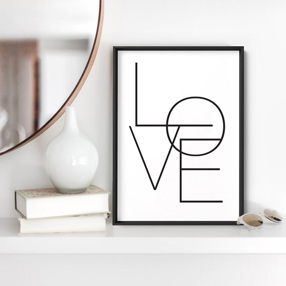 LOVE | Simple Black on White - Art Print, Poster, Stretched Canvas or Framed Wall Art Prints, shown framed in a room