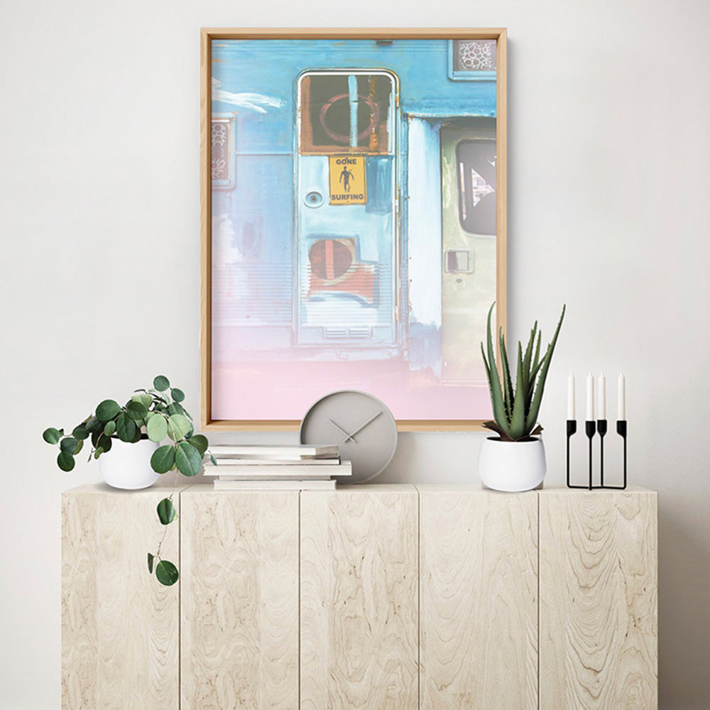 California Pastels / Gone Surfing - Art Print, Poster, Stretched Canvas or Framed Wall Art Prints, shown framed in a room
