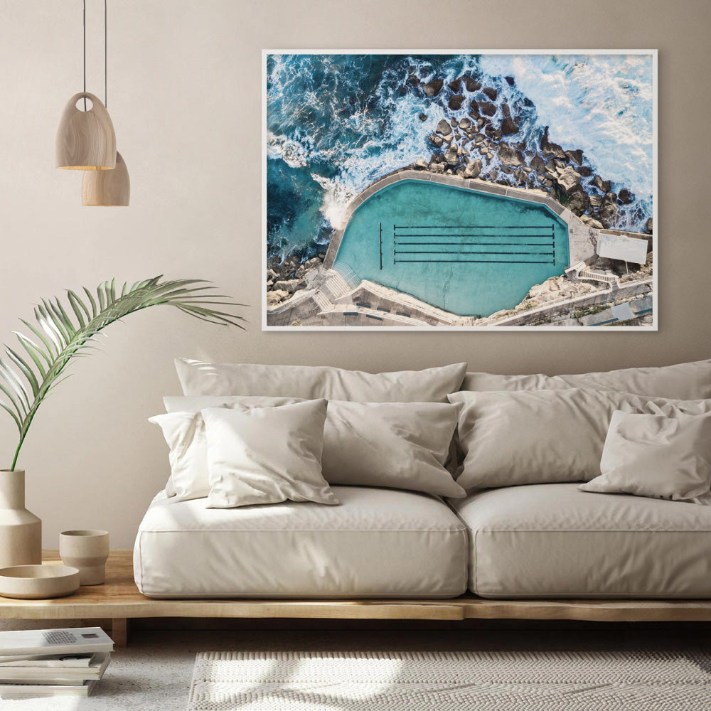 Bronte Rock Pool Aerial I - Art Print, Poster, Stretched Canvas or Framed Wall Art, shown framed in a home interior space