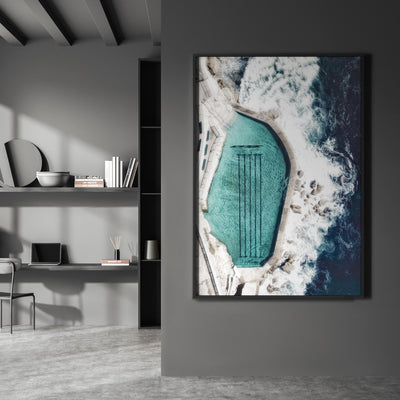 Bronte Rock Pool Aerial II - Art Print, Poster, Stretched Canvas or Framed Wall Art, shown framed in a home interior space