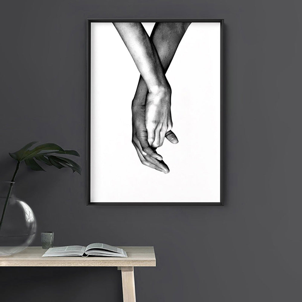 Couple Holding Hands II - Art Print, Poster, Stretched Canvas or Framed Wall Art Prints, shown framed in a room