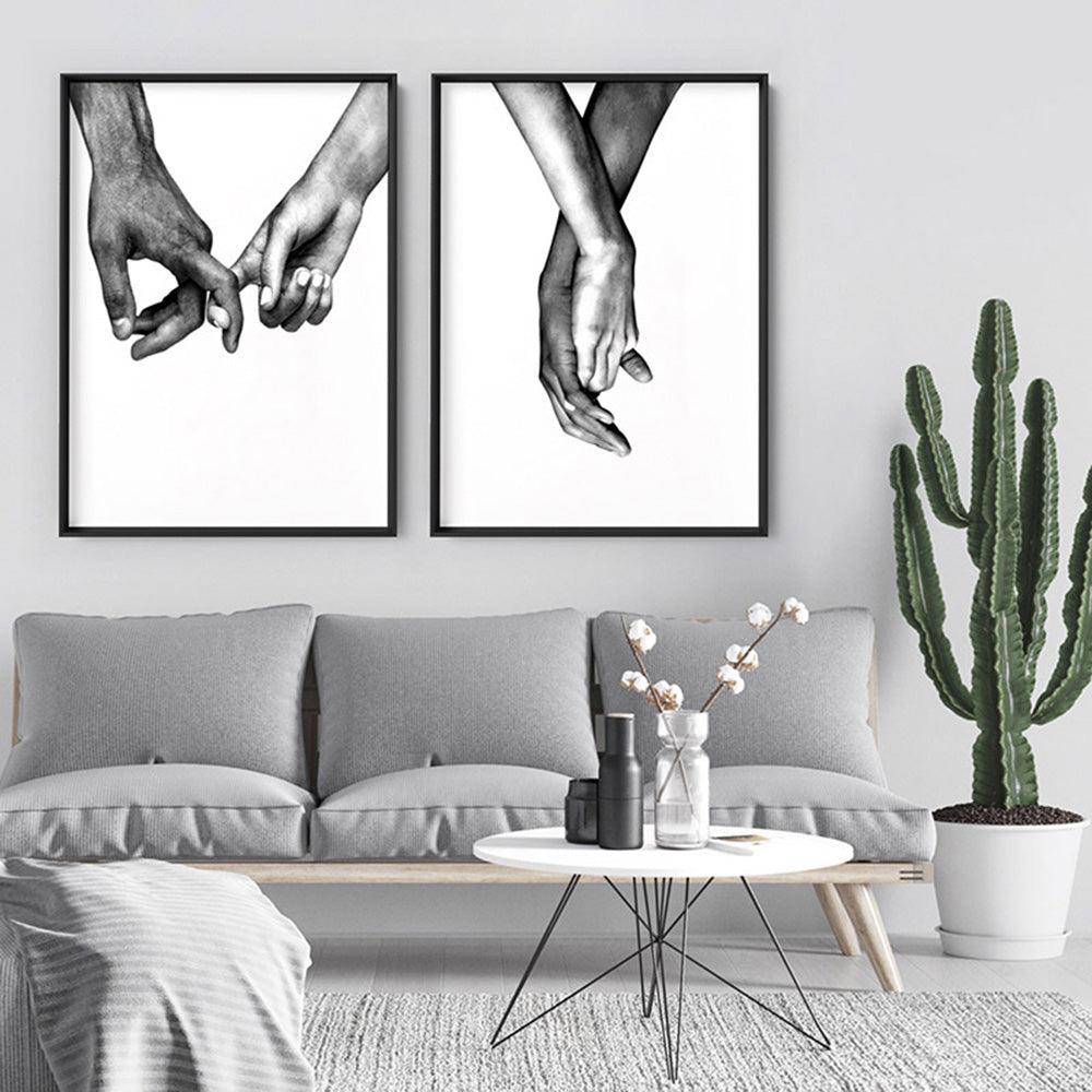 Couple Holding Hands II - Art Print, Poster, Stretched Canvas or Framed Wall Art, shown framed in a home interior space