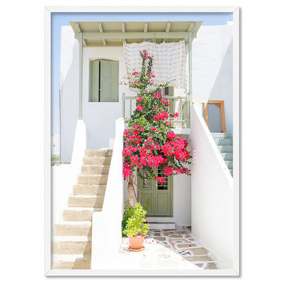 Santorini in Spring | White Villa I - Art Print by Victoria's Stories, Poster, Stretched Canvas, or Framed Wall Art Print, shown in a white frame