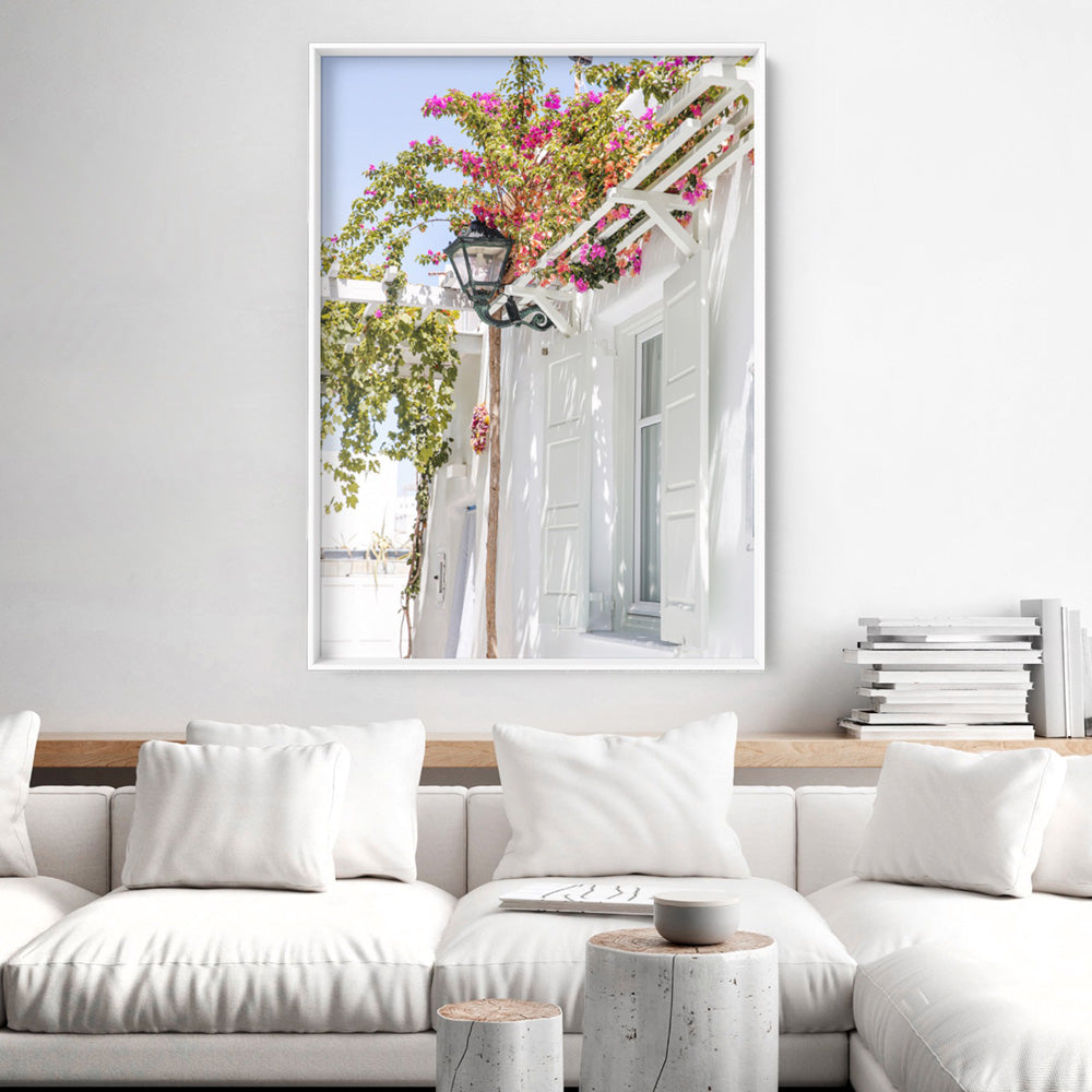 Santorini in Spring | White Villa II - Art Print by Victoria's Stories, Poster, Stretched Canvas or Framed Wall Art Prints, shown framed in a room