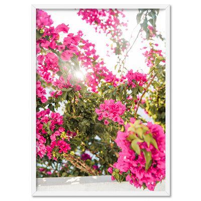 Santorini in Spring | Pink Bougainvillea Blooms - Art Print by Victoria's Stories, Poster, Stretched Canvas, or Framed Wall Art Print, shown in a white frame