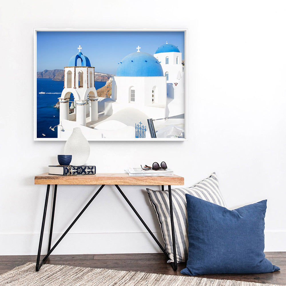 Santorini Blue Dome Church III - Art Print by Victoria's Stories, Poster, Stretched Canvas or Framed Wall Art Prints, shown framed in a room