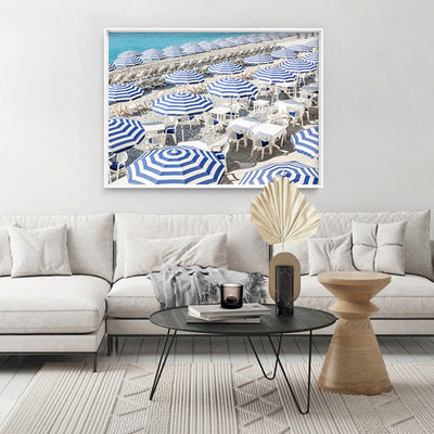Amalfi Seaside Umbrellas V - Art Print by Victoria's Stories, Poster, Stretched Canvas or Framed Wall Art Prints, shown framed in a room